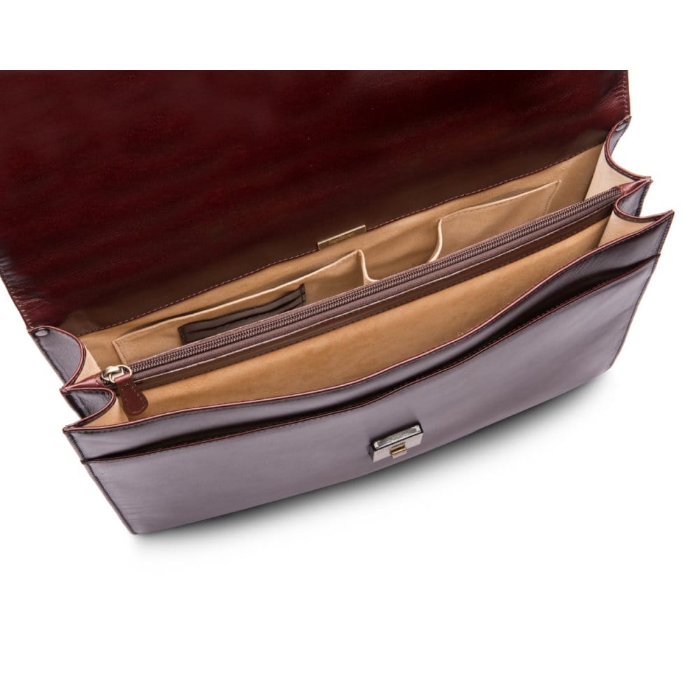 Leather Briefcase with combination lock, Harvard, dark tan, inside