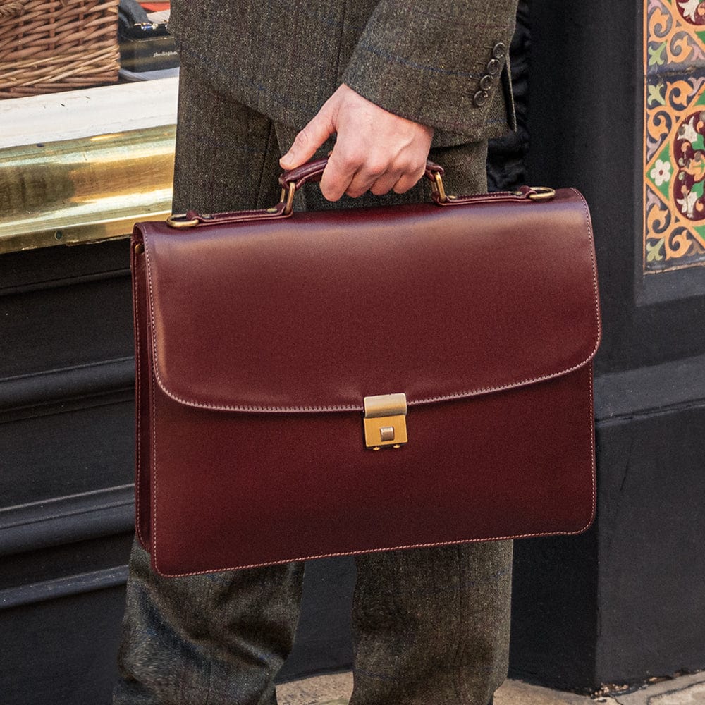 Leather Briefcase with combination lock, Harvard, dark tan, lifestyle