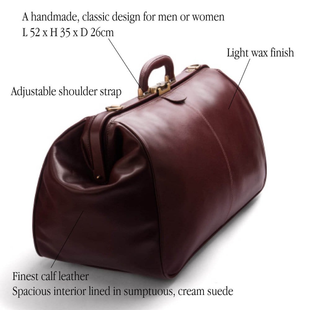 Large leather Gladstone holdall, dark tan, features