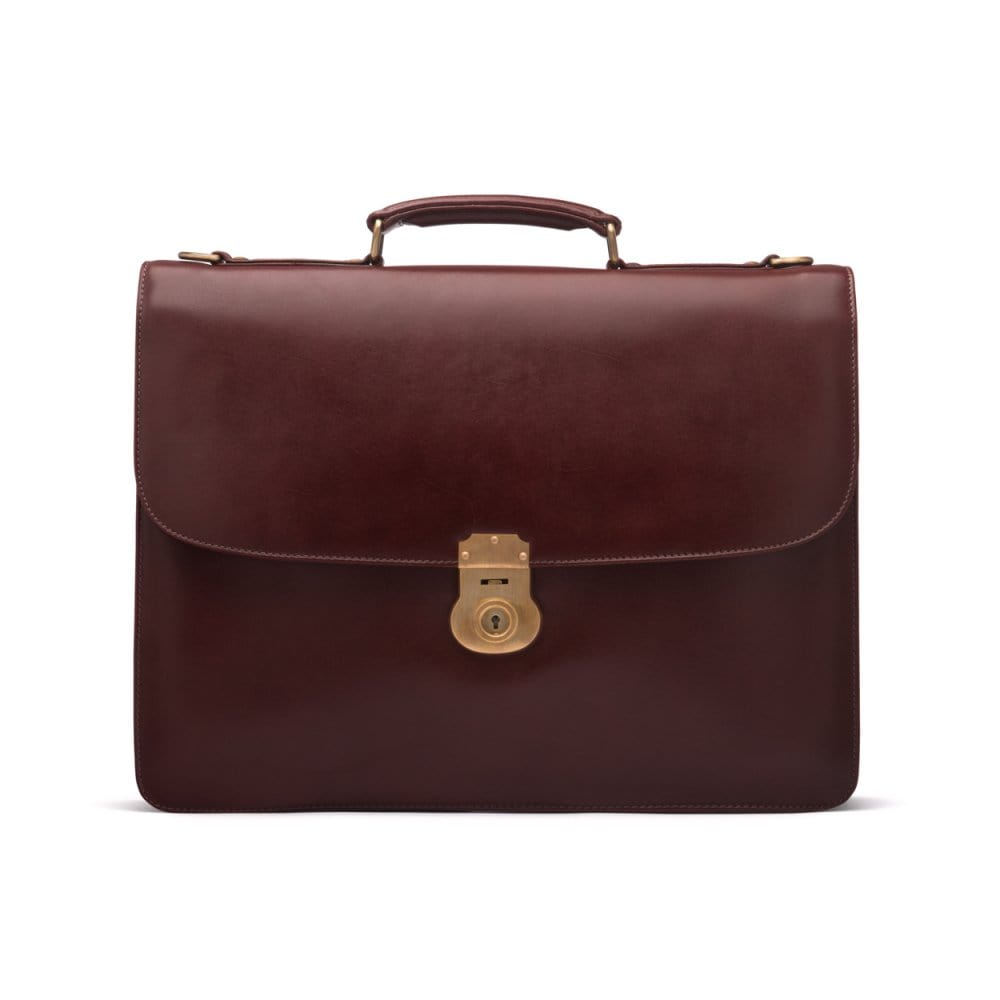 Large leather briefcase, dark tan, front