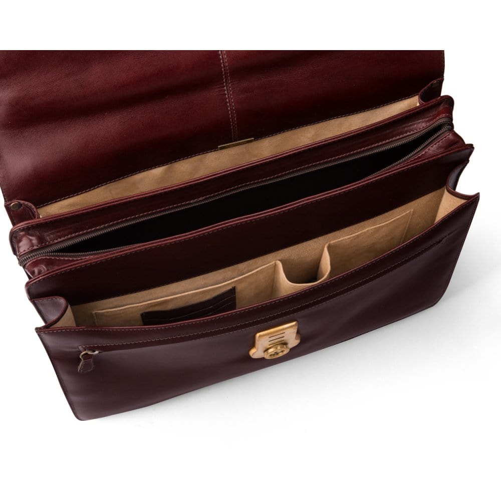 Large leather briefcase, dark tan, inside