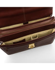 Large leather briefcase, dark tan, open