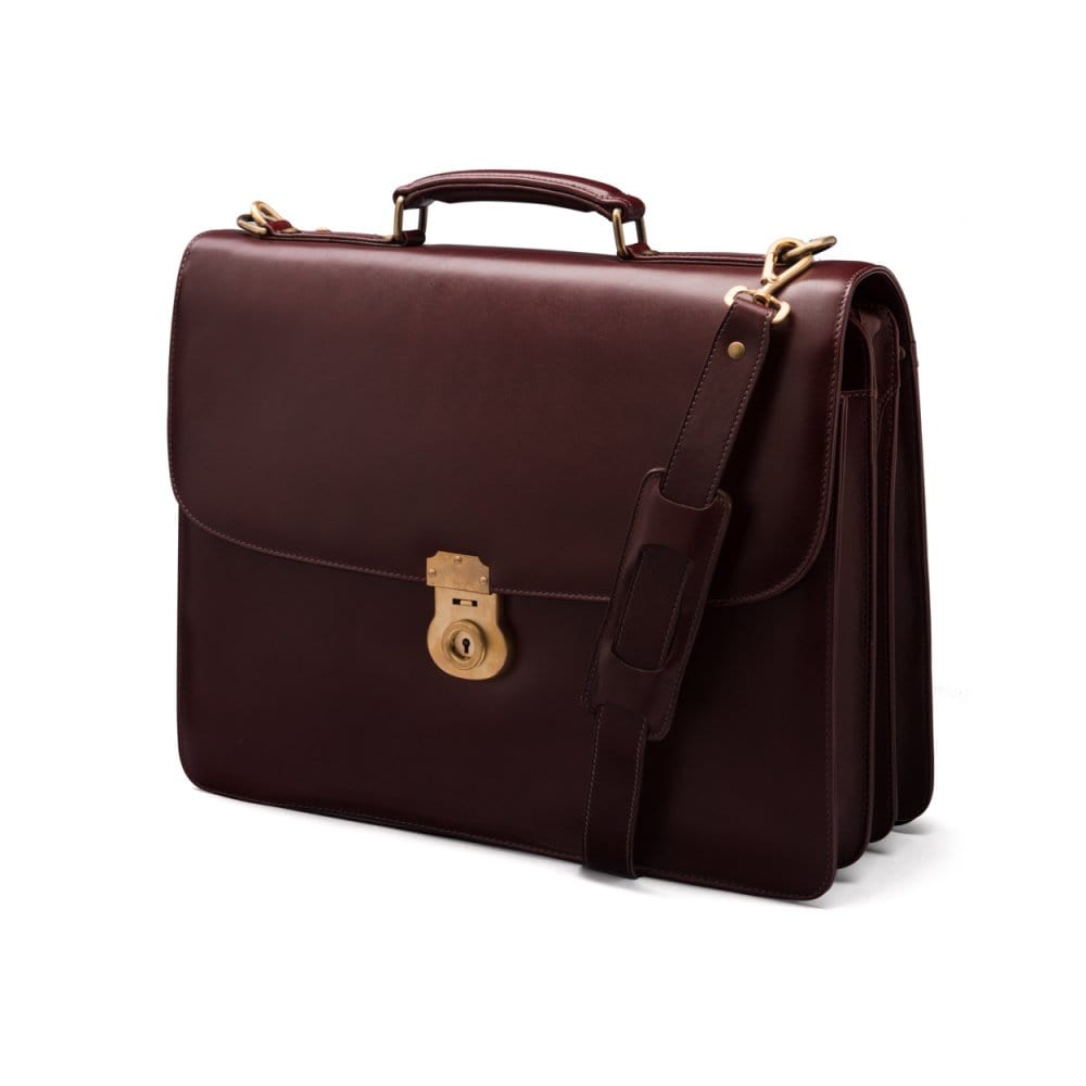 Large leather briefcase, dark tan, side