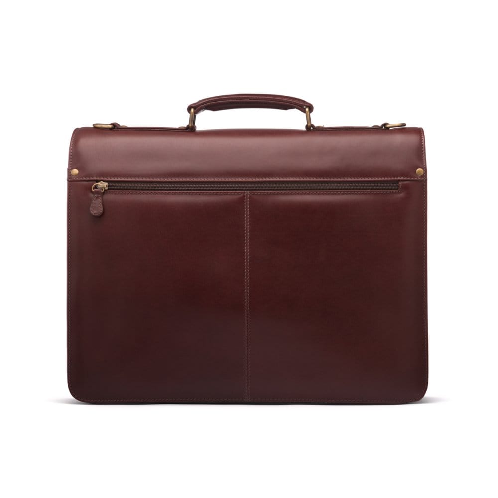 Large leather briefcase, dark tan, back