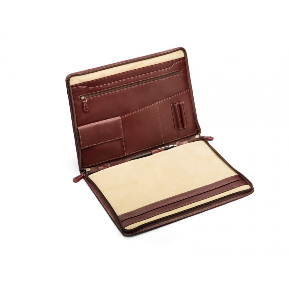 Leather A4 zip around document folder, dark tan, inside