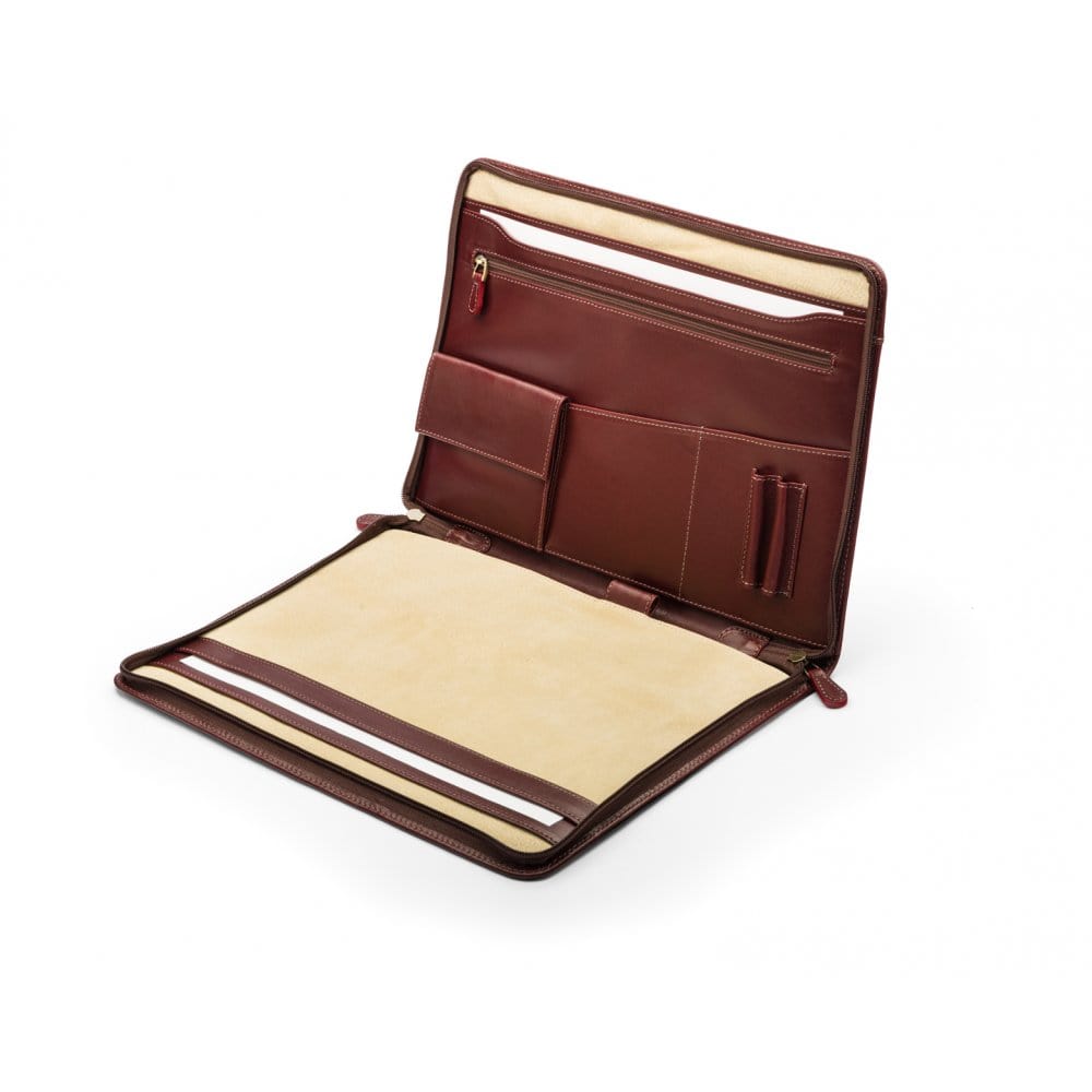 Leather A4 zip around document folder, dark tan, open