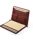 Leather A4 zip around document folder, dark tan, open