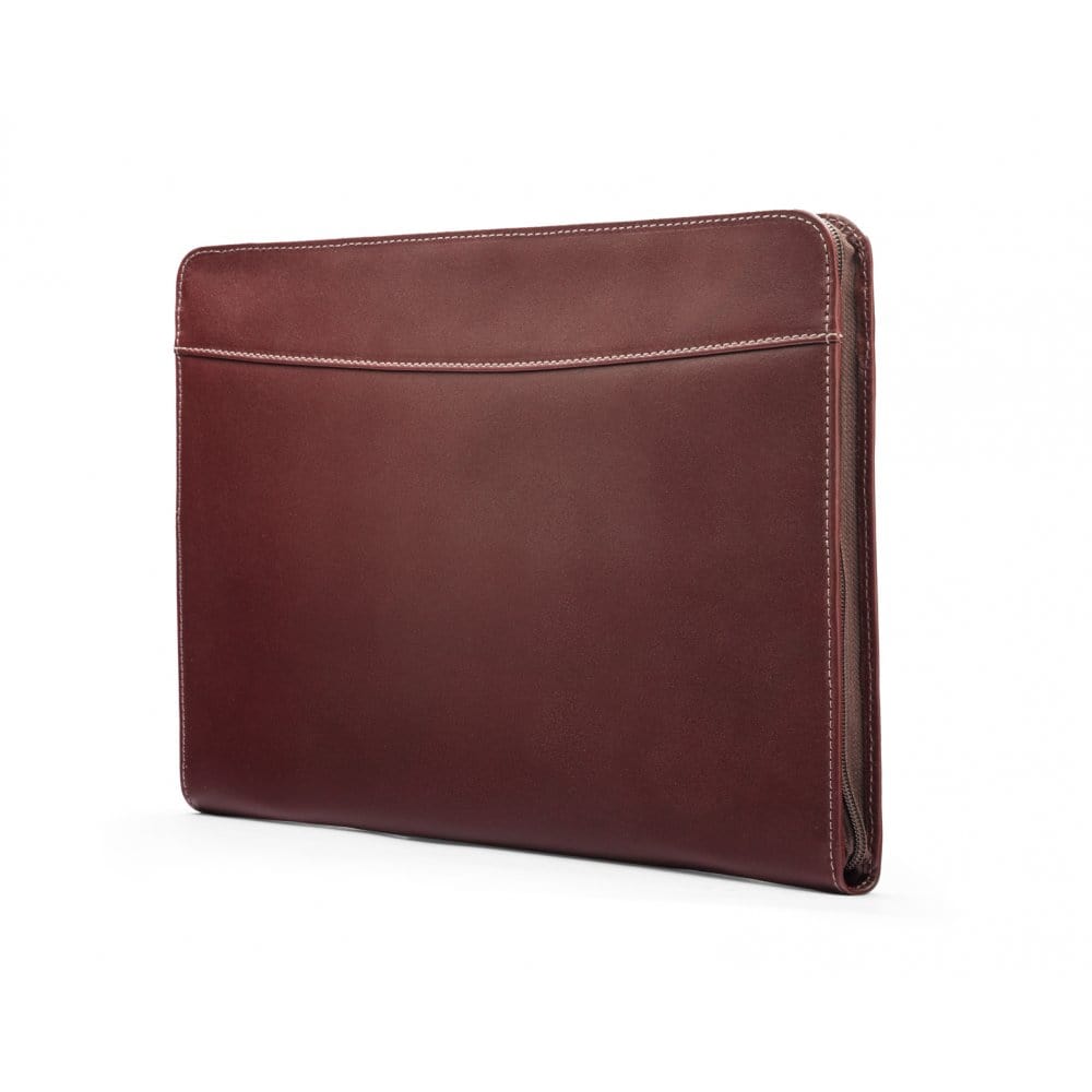 Leather A4 zip around document folder, dark tan, side