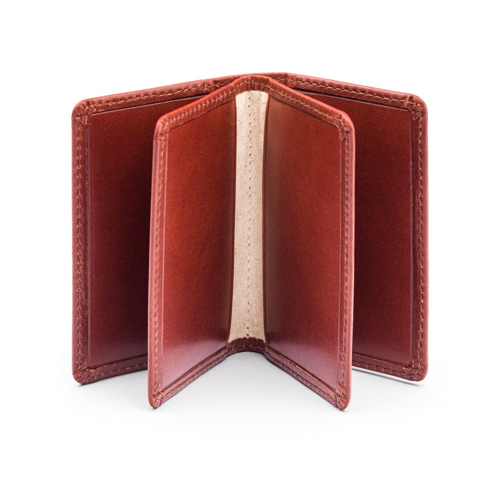 Leather bifold card wallet, dark tan, open