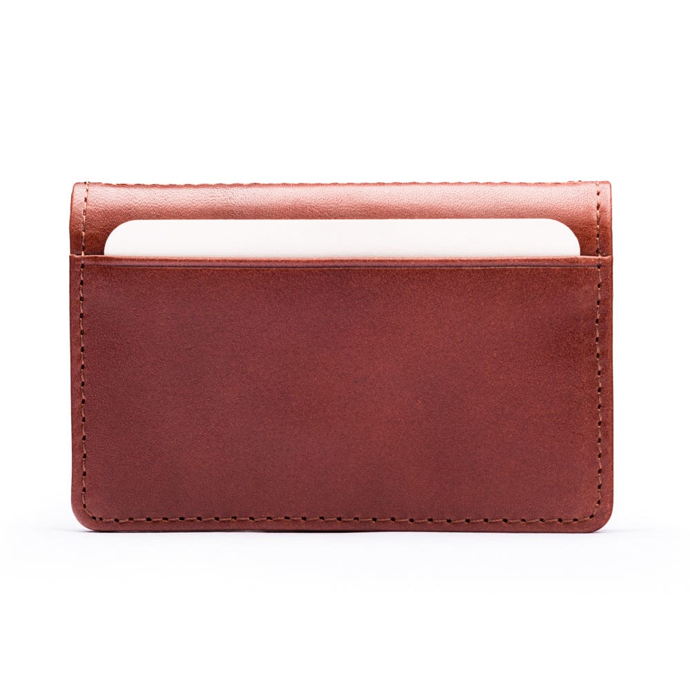 Leather bifold card wallet, dark tan, front view
