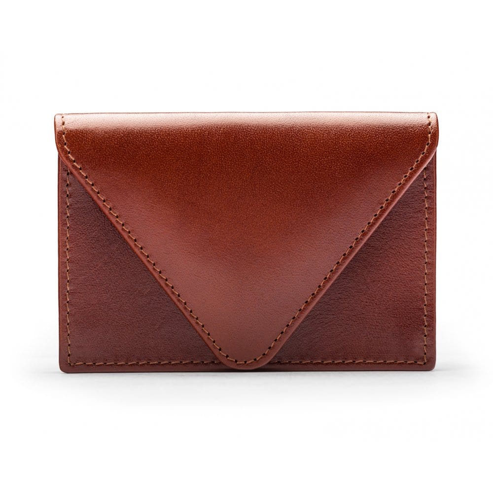 Leather business card envelope, dark tan, front