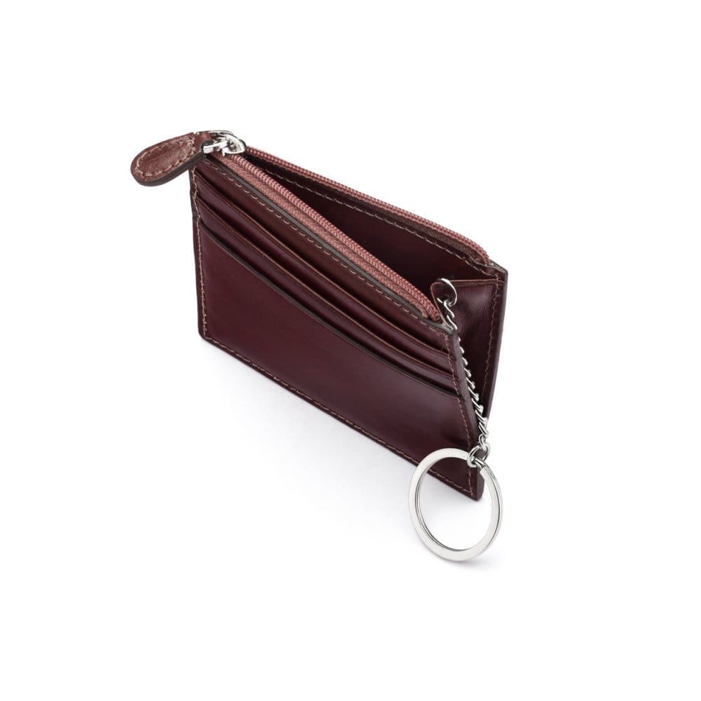 Leather card case with zip coin purse and key chain, dark tan, open