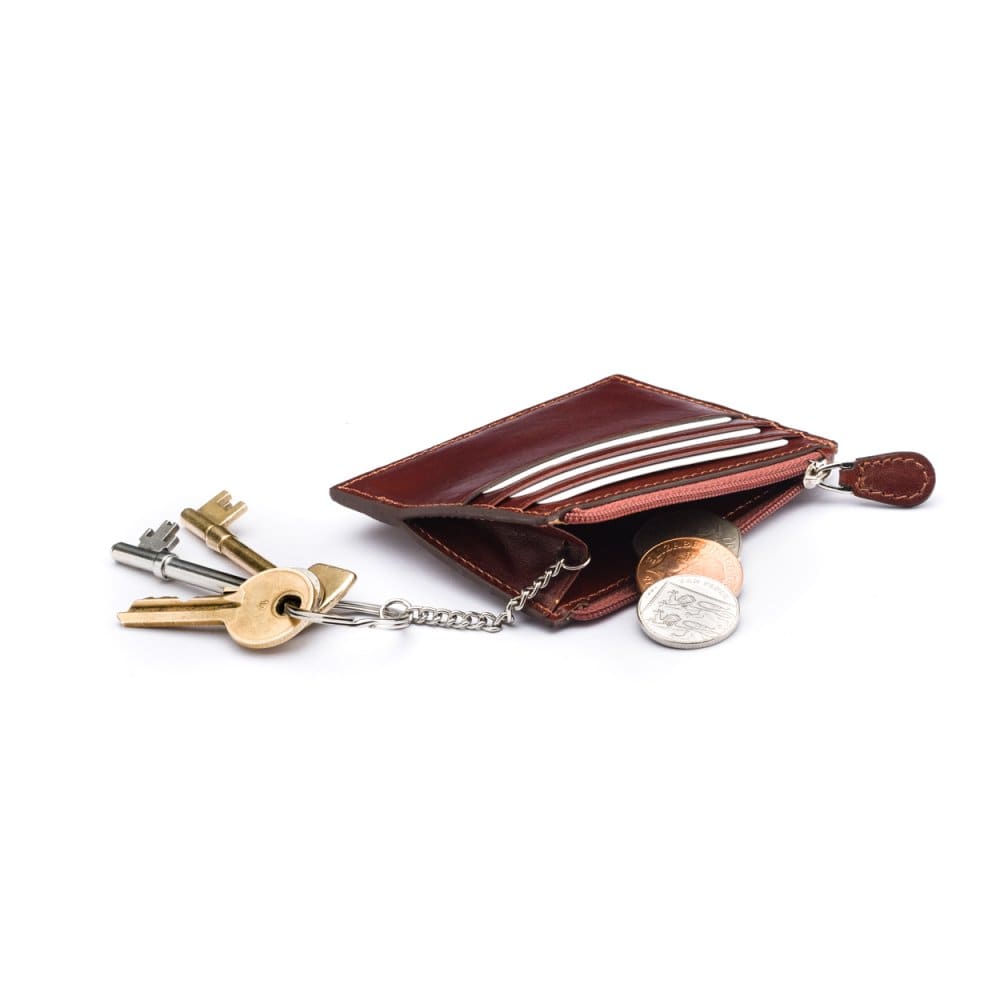 Leather card case with zip coin purse and key chain, dark tan, inside