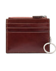 Leather card case with zip coin purse and key chain, dark tan, front