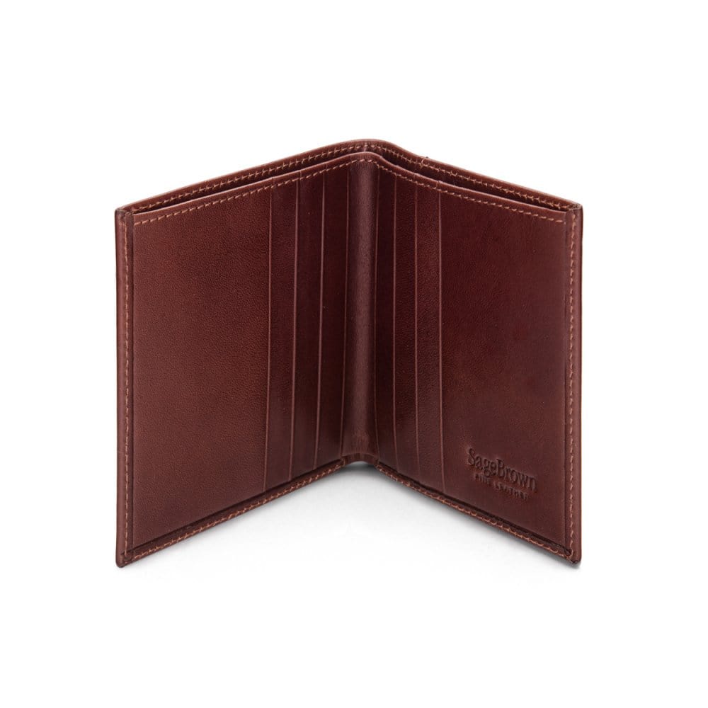 Leather compact billfold wallet 6CC, dark tan, open