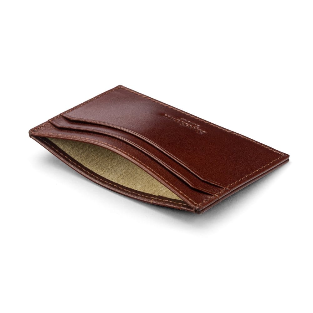Flat leather credit card holder with middle pocket, 5 CC slots, dark tan, inside