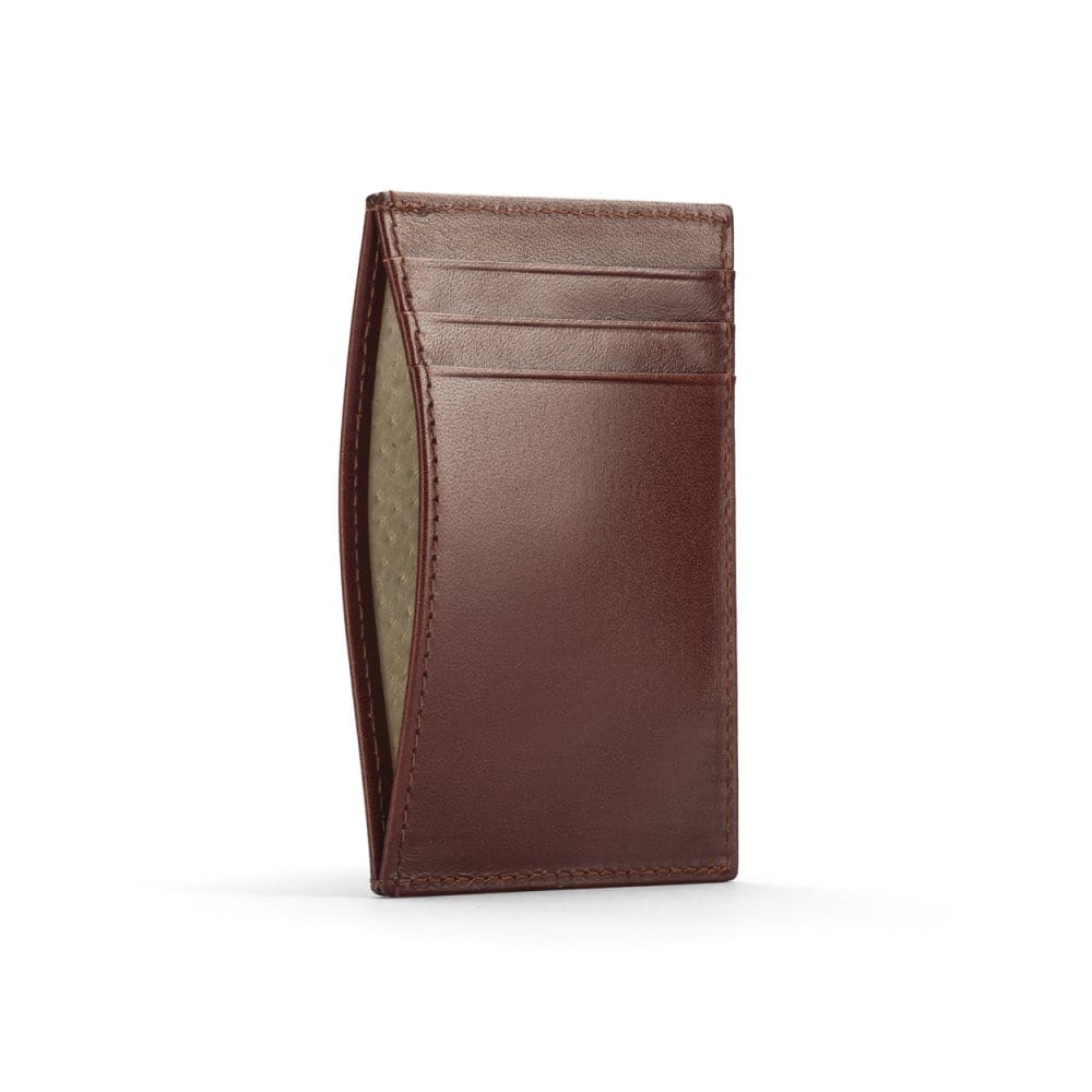 Flat leather credit card holder with middle pocket, 5 CC slots, dark tan, front