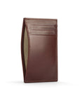 Flat leather credit card holder with middle pocket, 5 CC slots, dark tan, front