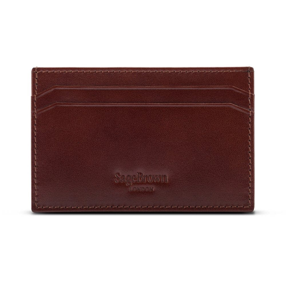 Flat leather credit card holder with middle pocket, 5 CC slots, dark tan, back