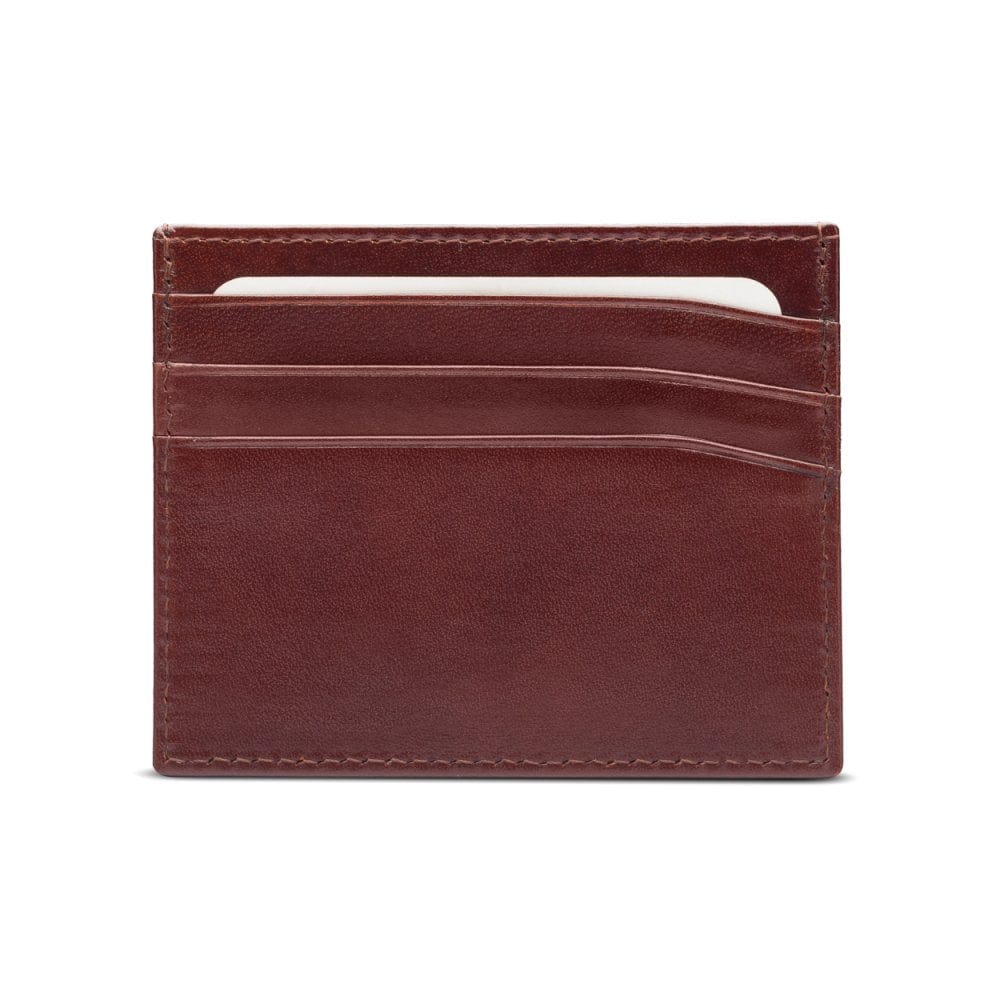 Leather flat credit card wallet 6 CC, dark tan, front