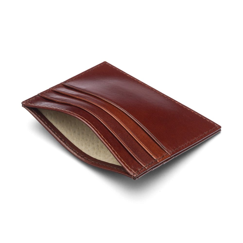 Leather flat credit card wallet 6 CC, dark tan, inside