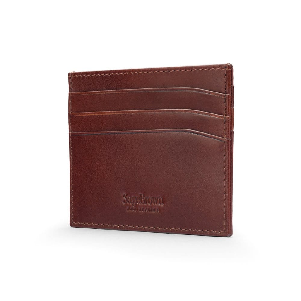 Leather flat credit card wallet 6 CC, dark tan, back