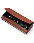 Leather hard shell glasses case, dark tan, open