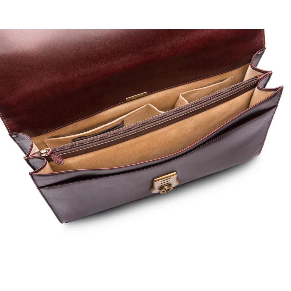 Leather briefcase with brass lock, Harvard, dark tan, inside