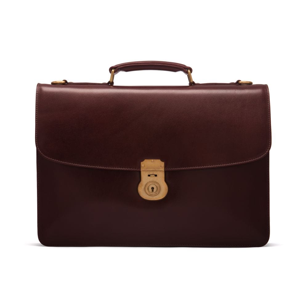 Leather briefcase with brass lock, Harvard, dark tan, front