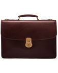 Leather briefcase with brass lock, Harvard, dark tan, front