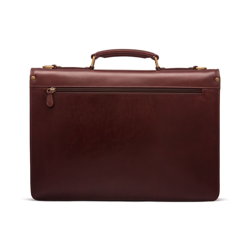 Leather briefcase with brass lock, Harvard, dark tan, back