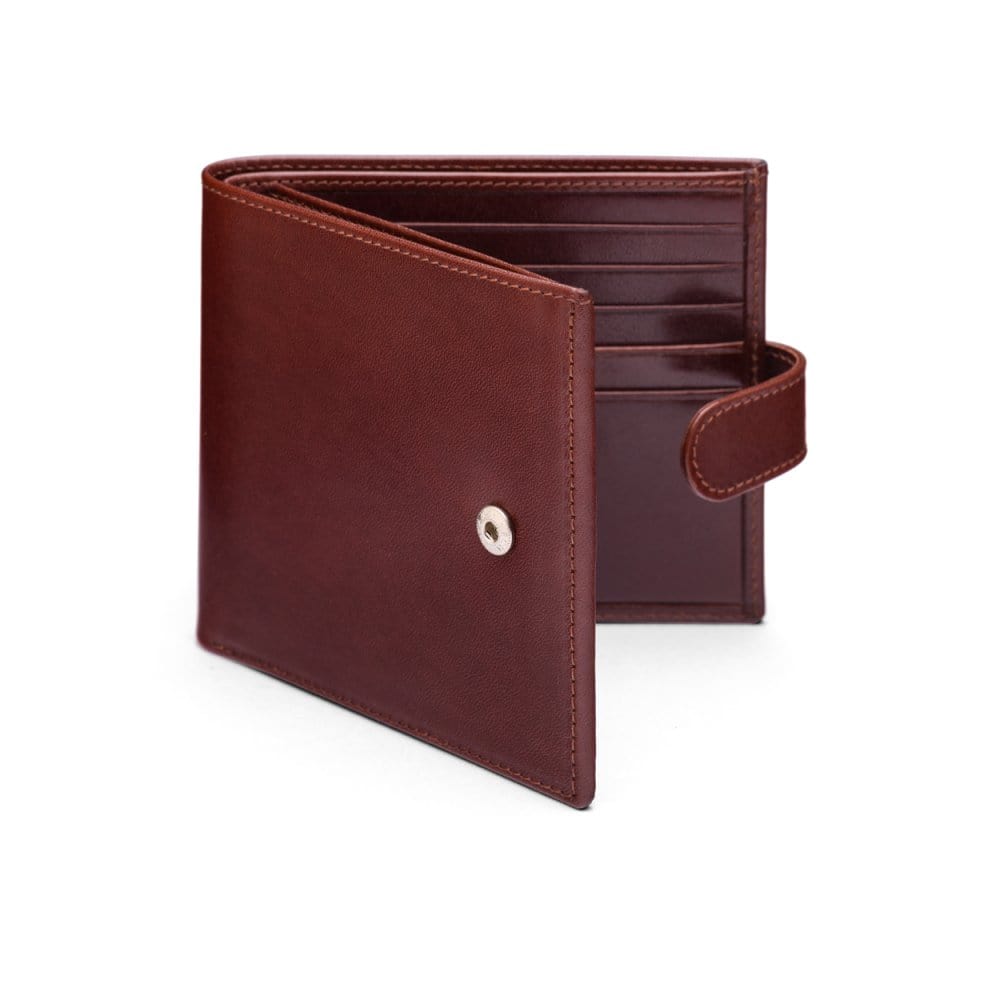 Leather wallet with tab closure, dark tan, front