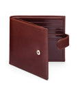 Leather wallet with tab closure, dark tan, front