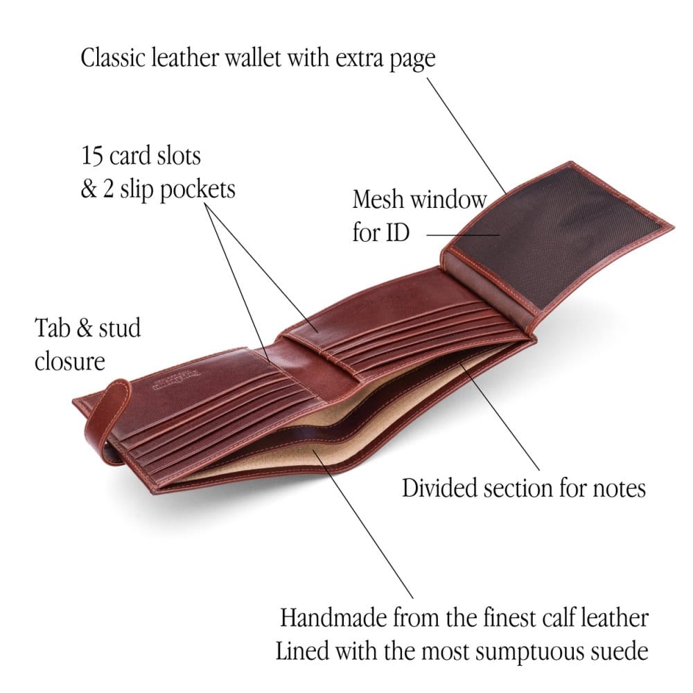 Leather wallet with tab closure, dark tan, features