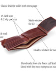 Leather wallet with tab closure, dark tan, features