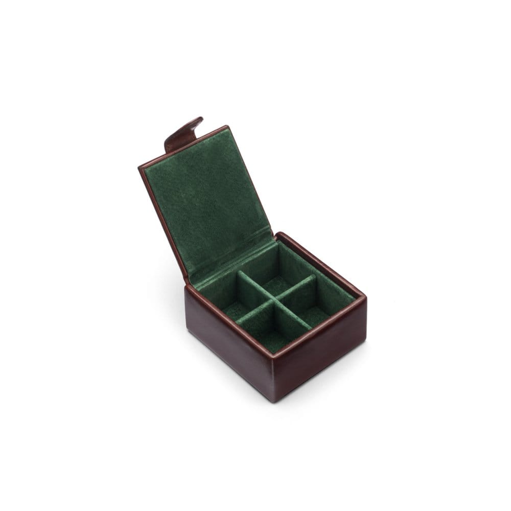 Leather jewellery box, dark tan, inside