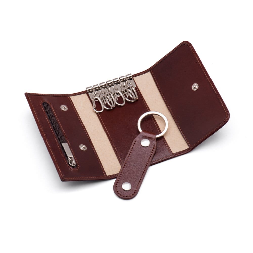 Key wallet with detachable key fob, dark tan, inside
