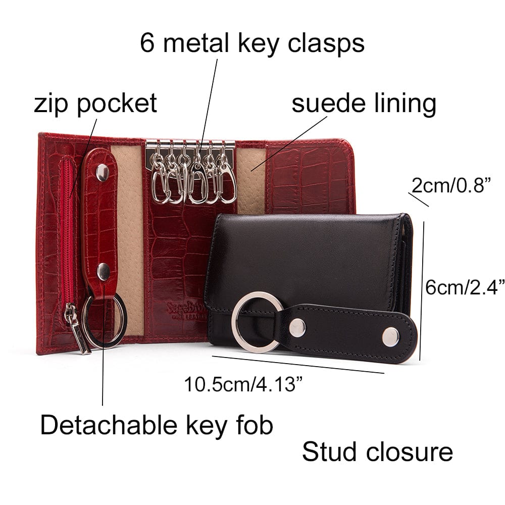 Key wallet with detachable key fob, dark tan, features