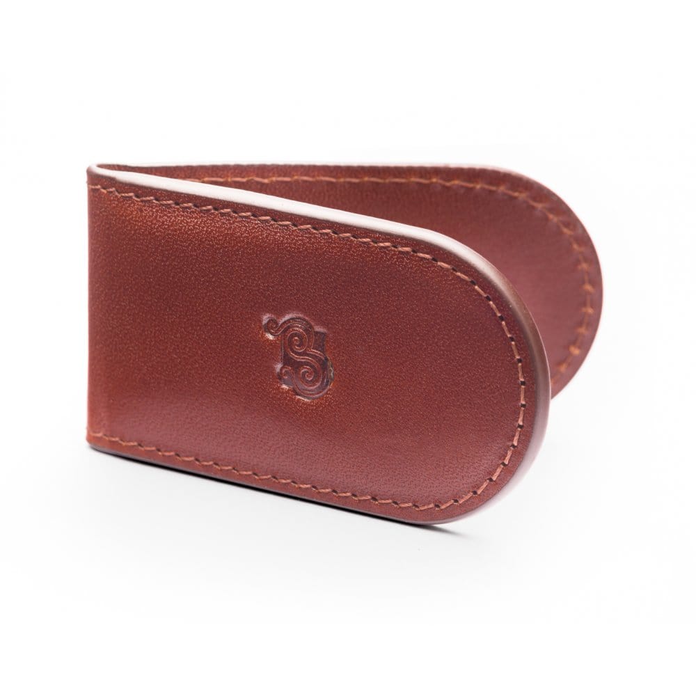 Leather Magnetic Money Clip, dark tan, front