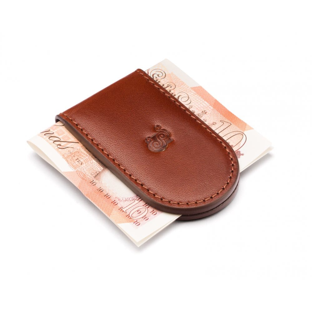 Leather Magnetic Money Clip, dark tan, with cash