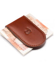 Leather Magnetic Money Clip, dark tan, with cash