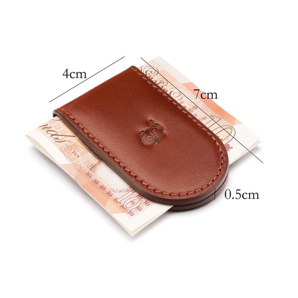 Leather Magnetic Money Clip, dark tan, dimensions