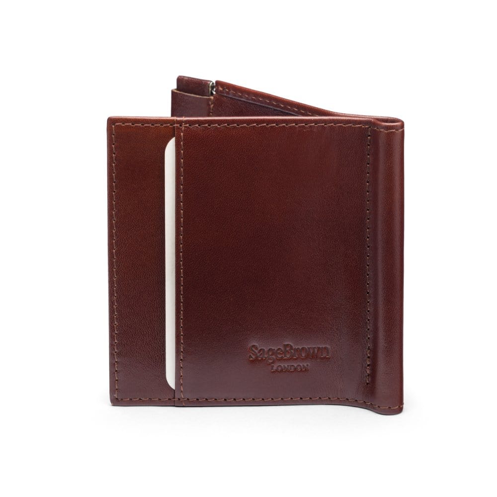 Leather money clip wallet with coin purse, dark tan, back