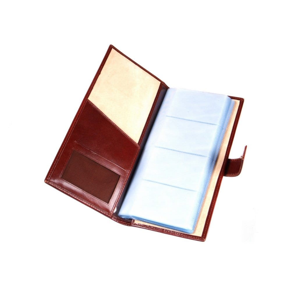 Leather multiple business card wallet, dark tan, open