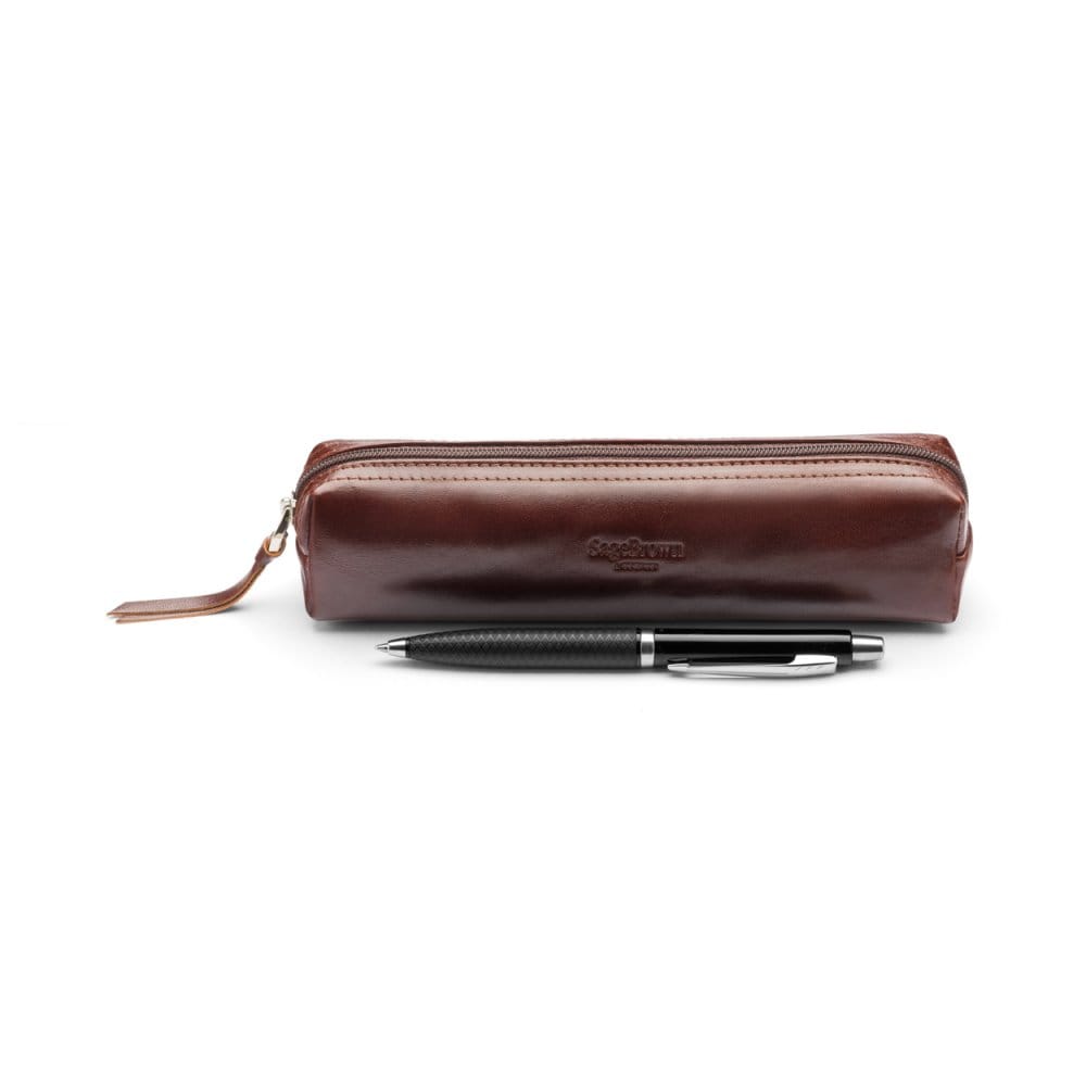 Leather pencil case, dark tan, front