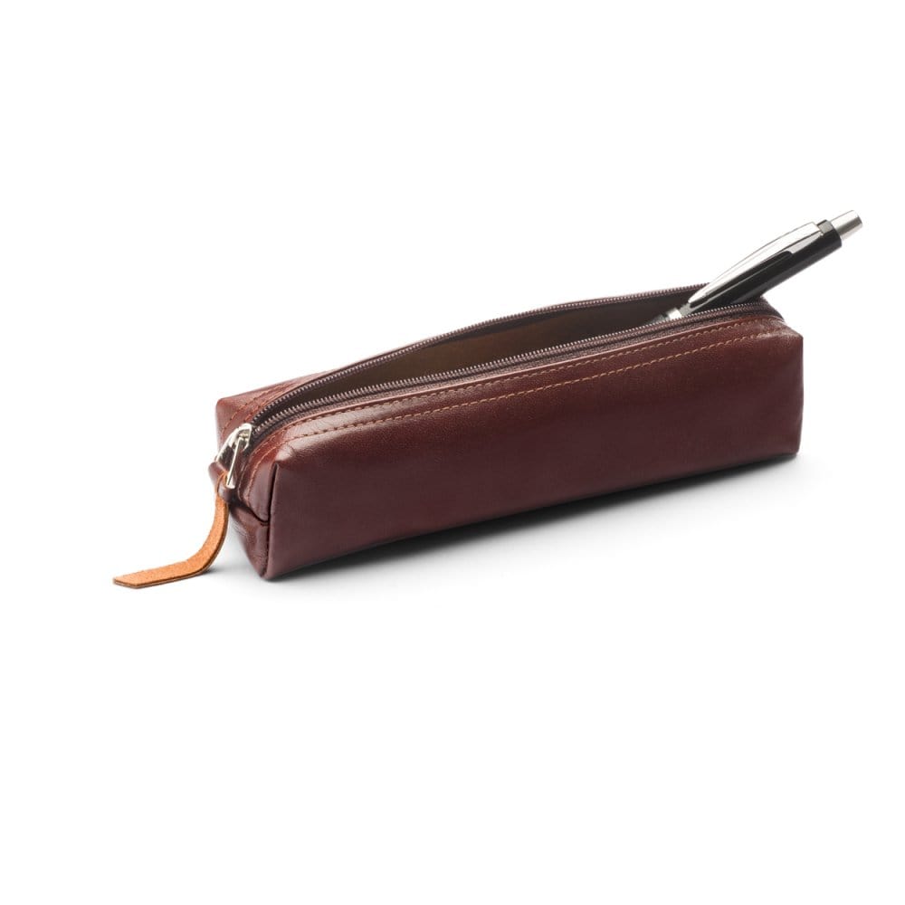 Leather pencil case, dark tan, open