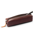 Leather pencil case, dark tan, open