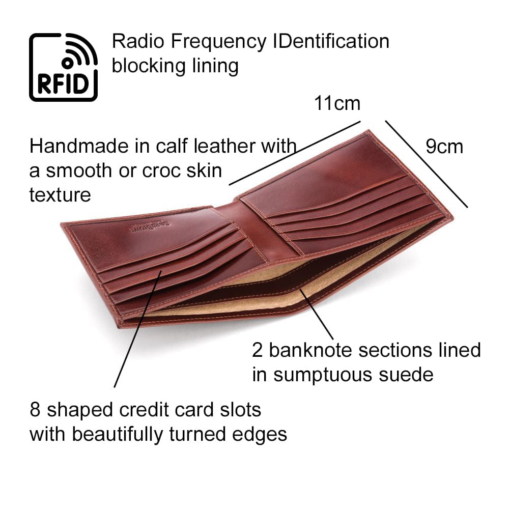 RFID leather wallet for men, dark tan, features