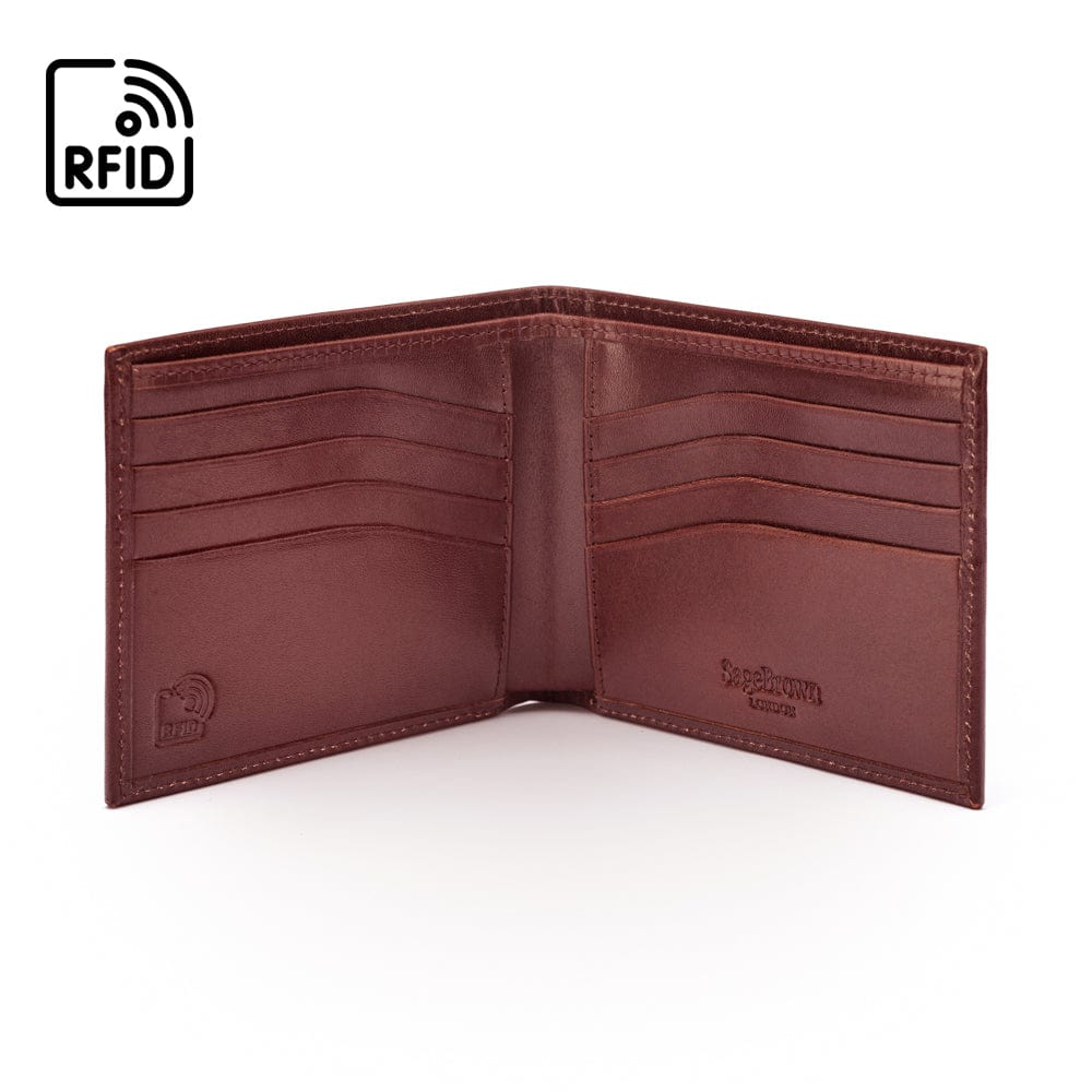 RFID leather wallet for men, dark tan, open view