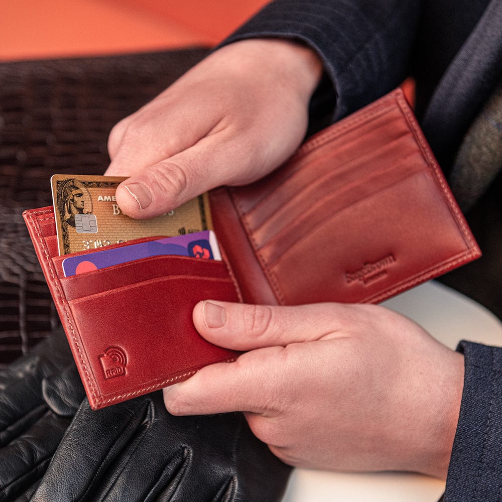 RFID leather wallet for men, dark tan, lifestyle